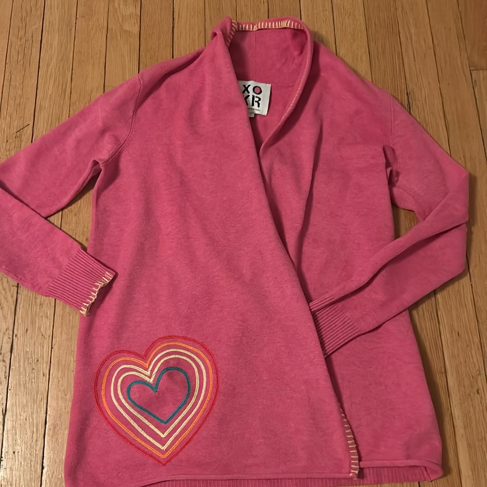 Kerri Rosenthal Size S Cardigan Sweater Pink Rainbow Heart Open Artsy XOKR - Picture 2 of 6